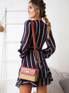 JuliaFashion - Retro Stripe Plunging Neck Ruffle Mini Dress