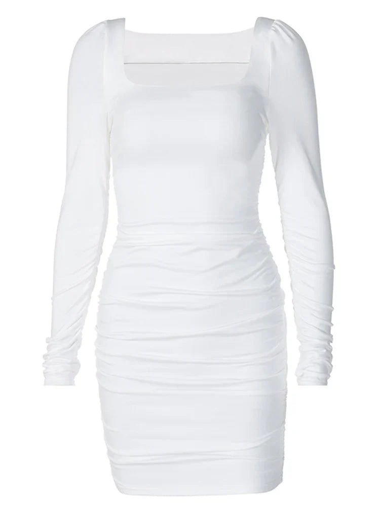 Julia Fashion - Ruched Solid Long Sleeve Bodycon Sexy Party Streetwear Mini Dress