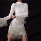 JuliaFashion - 2024 Sequins Cuff Splicing Shinny Tassel Dress
