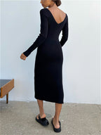 JuliaFashion - 2024 V-Neck Backless Knit Rib Wrap Midi Pencil Dress