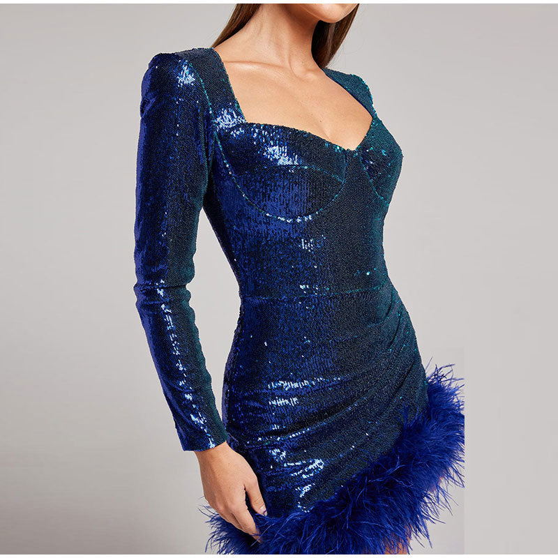 JuliaFashion - 2024 Sexy Sequined Feather Square Collar Bodycon Dress