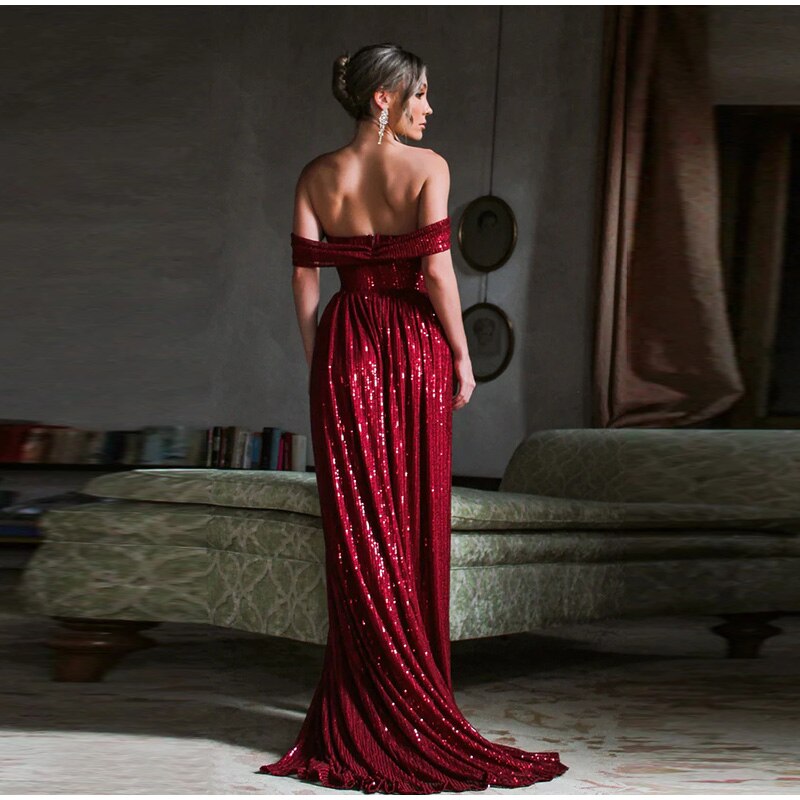 JuliaFashion - 2024  Solid Sequins Strapless Slim Split Dress