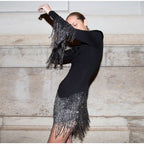 JuliaFashion - 2024 Sequins Cuff Splicing Shinny Tassel Dress