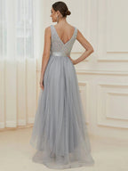 JuliaFashion - 2024 V-Neck Sleeveless Sequin Floor Length Dress
