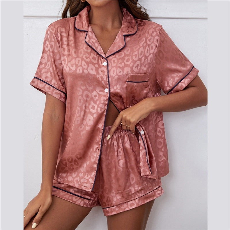 JuliaFashion-Casual Satin Silk Solid Color Pajamas Set