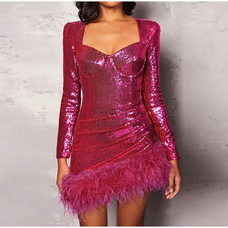 JuliaFashion - 2024 Sexy Sequined Feather Square Collar Bodycon Dress