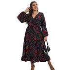 JuliaFashion - 2024 Print V-Neck Swing High Waist Loose Midi Dresses