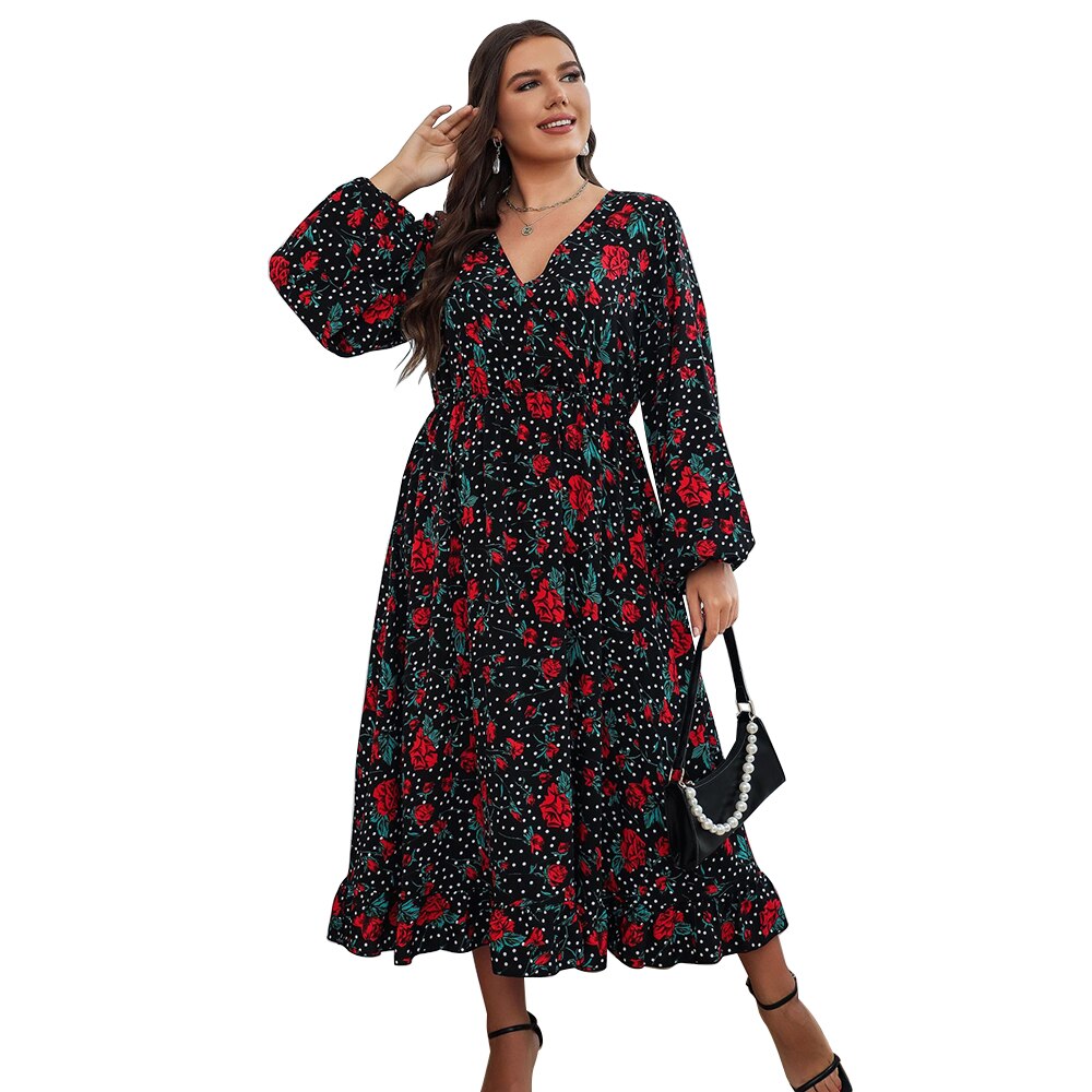 JuliaFashion - 2024 Print V-Neck Swing High Waist Loose Midi Dresses