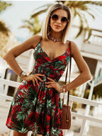 JuliaFashion - 2024 V Neck Floral Print Spaghetti Strap Sleeveless Beach Dress