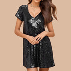 JuliaFashion-Elegant Sequin Crewneck Mini Dress
