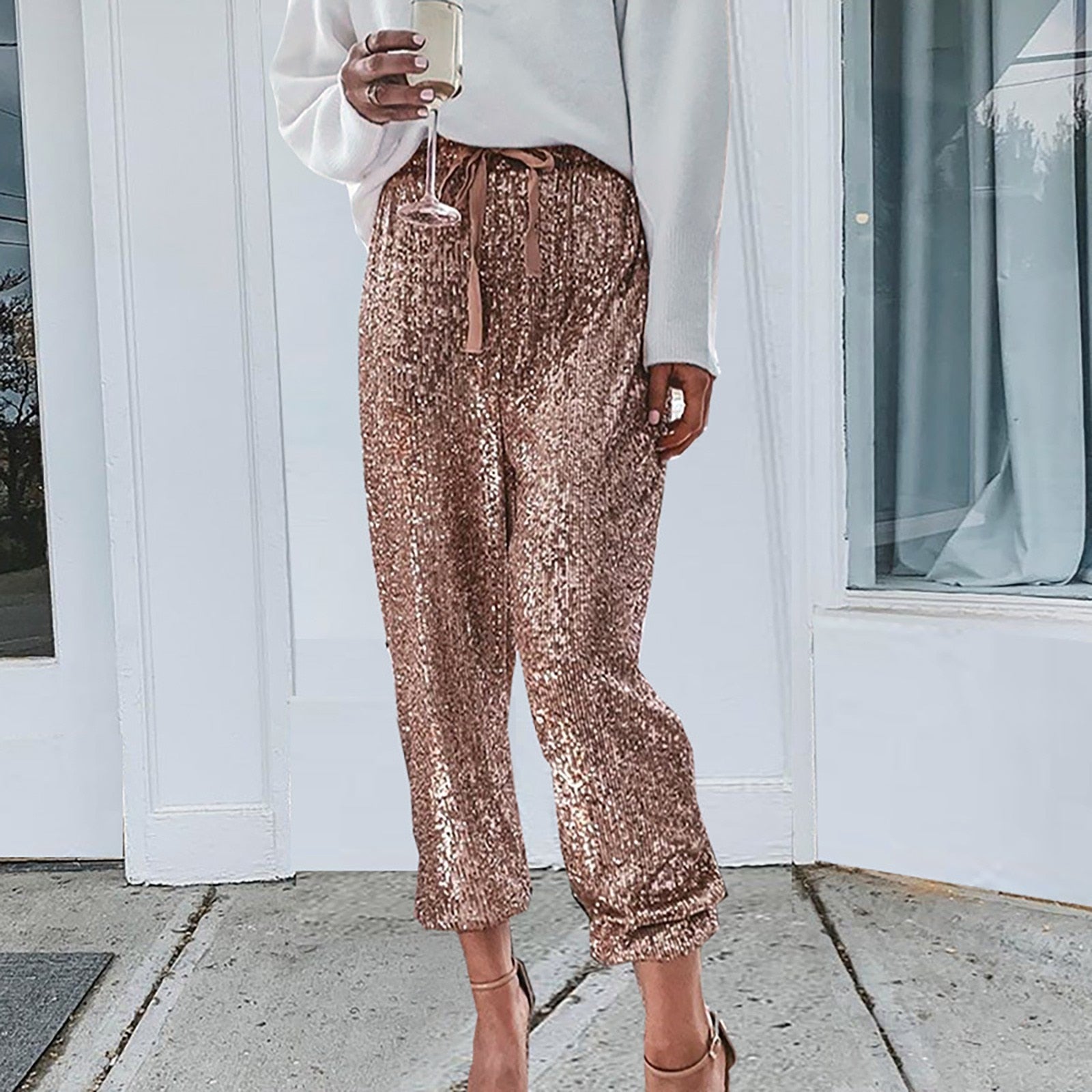 JuliaFashion - Shining Sequin Mid Waist Club Pants