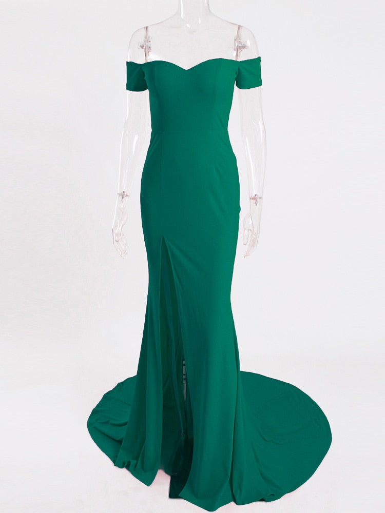 JuliaFashion - Slash Neck High Slit Wedding Prom Party Dress