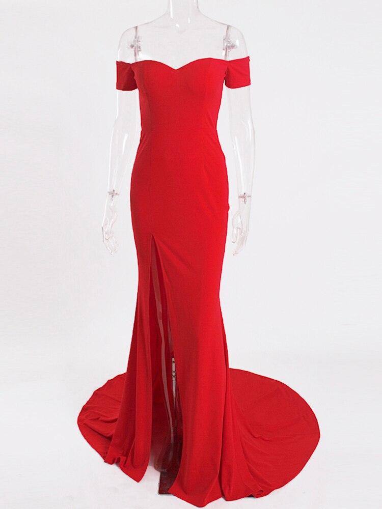 JuliaFashion - Slash Neck High Slit Wedding Prom Party Dress