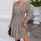 JuliaFashion-Elegant Leopard Print V Neck Mini Dress