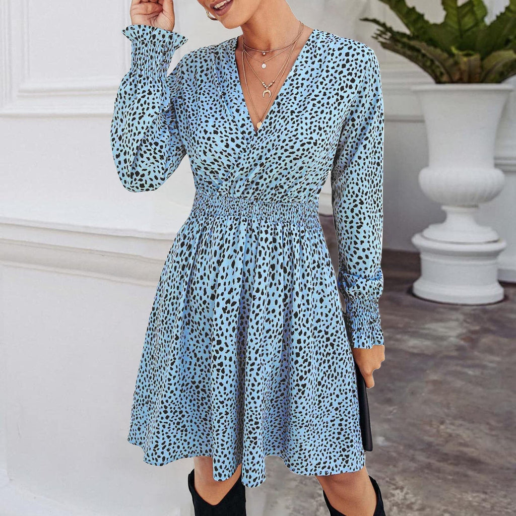 JuliaFashion-Elegant Leopard Print V Neck Mini Dress