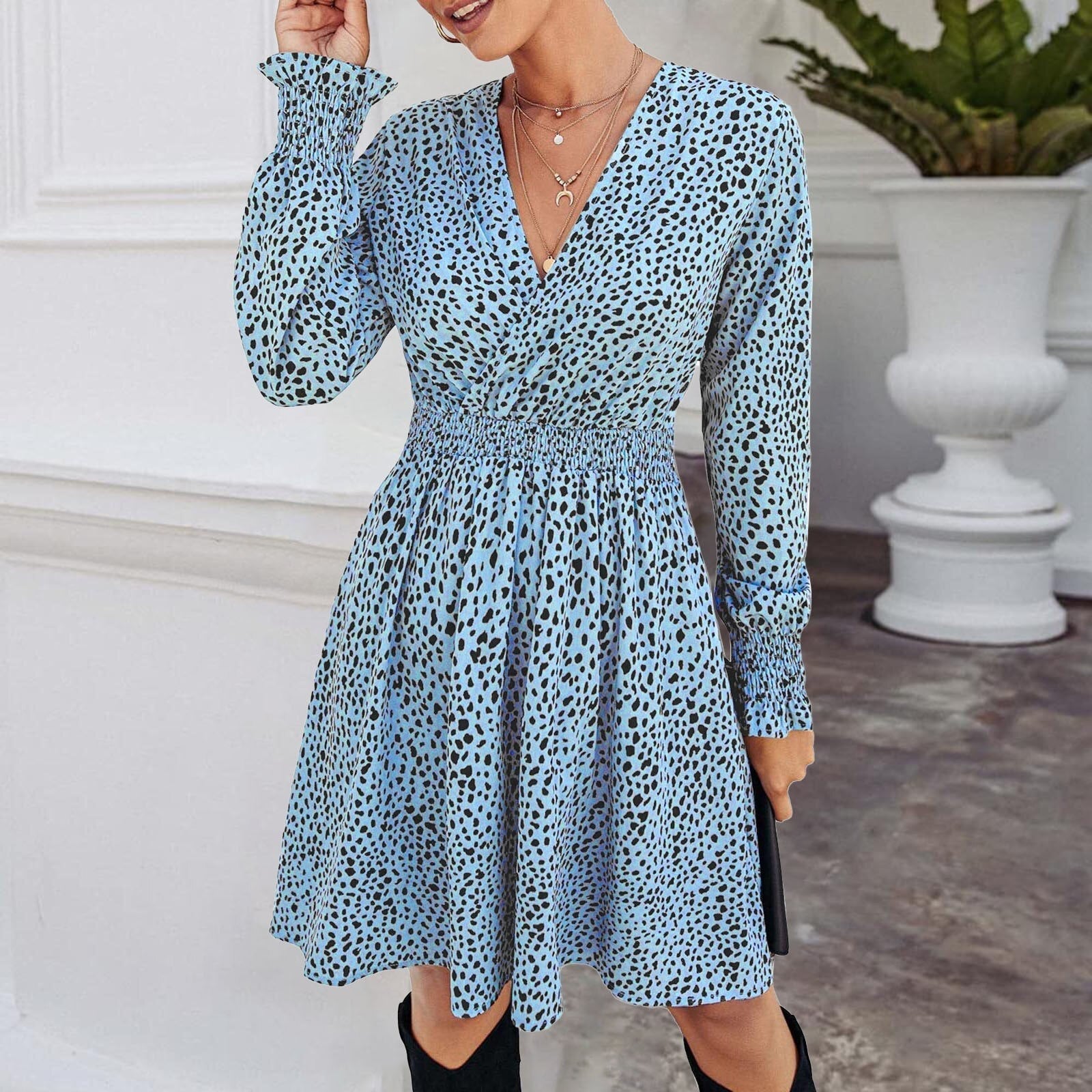 JuliaFashion-Elegant Leopard Print V Neck Mini Dress