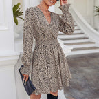 JuliaFashion-Elegant Leopard Print V Neck Mini Dress
