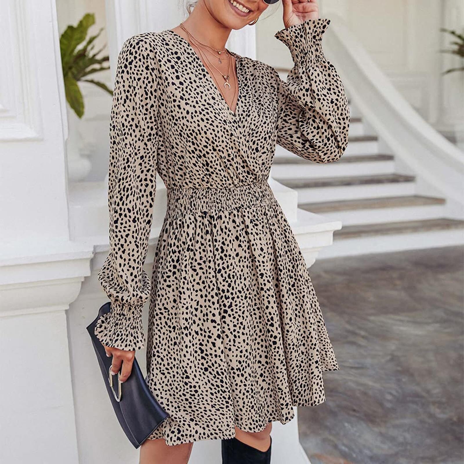 JuliaFashion-Elegant Leopard Print V Neck Mini Dress