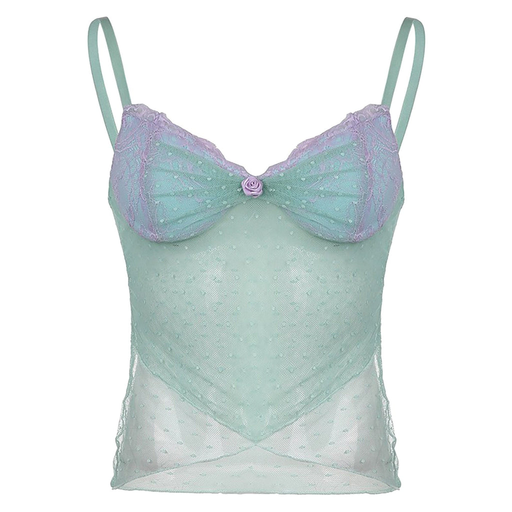 JuliaFashion - Y2K Mesh Polka Dot Floral Cami Tops