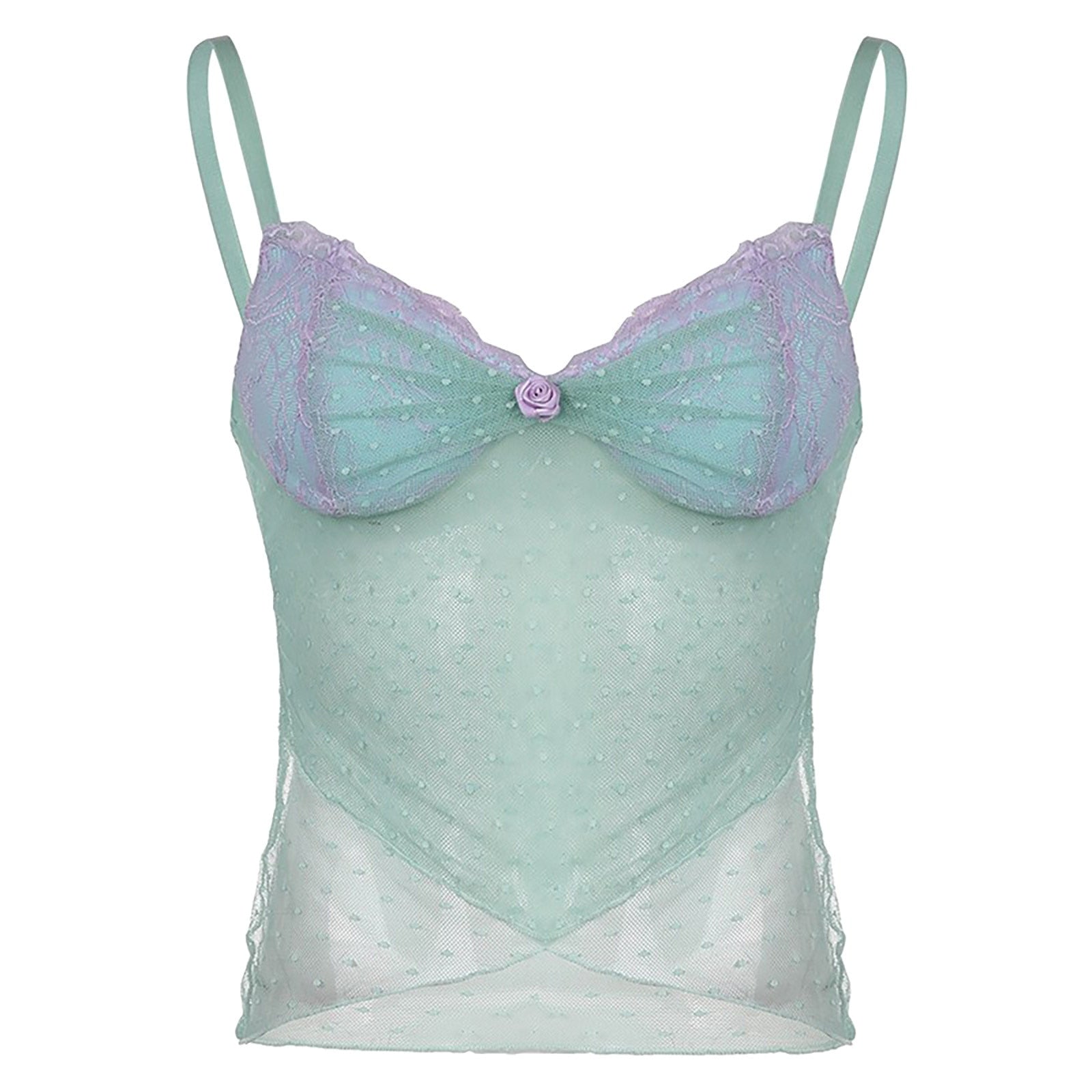 JuliaFashion - Y2K Mesh Polka Dot Floral Cami Tops