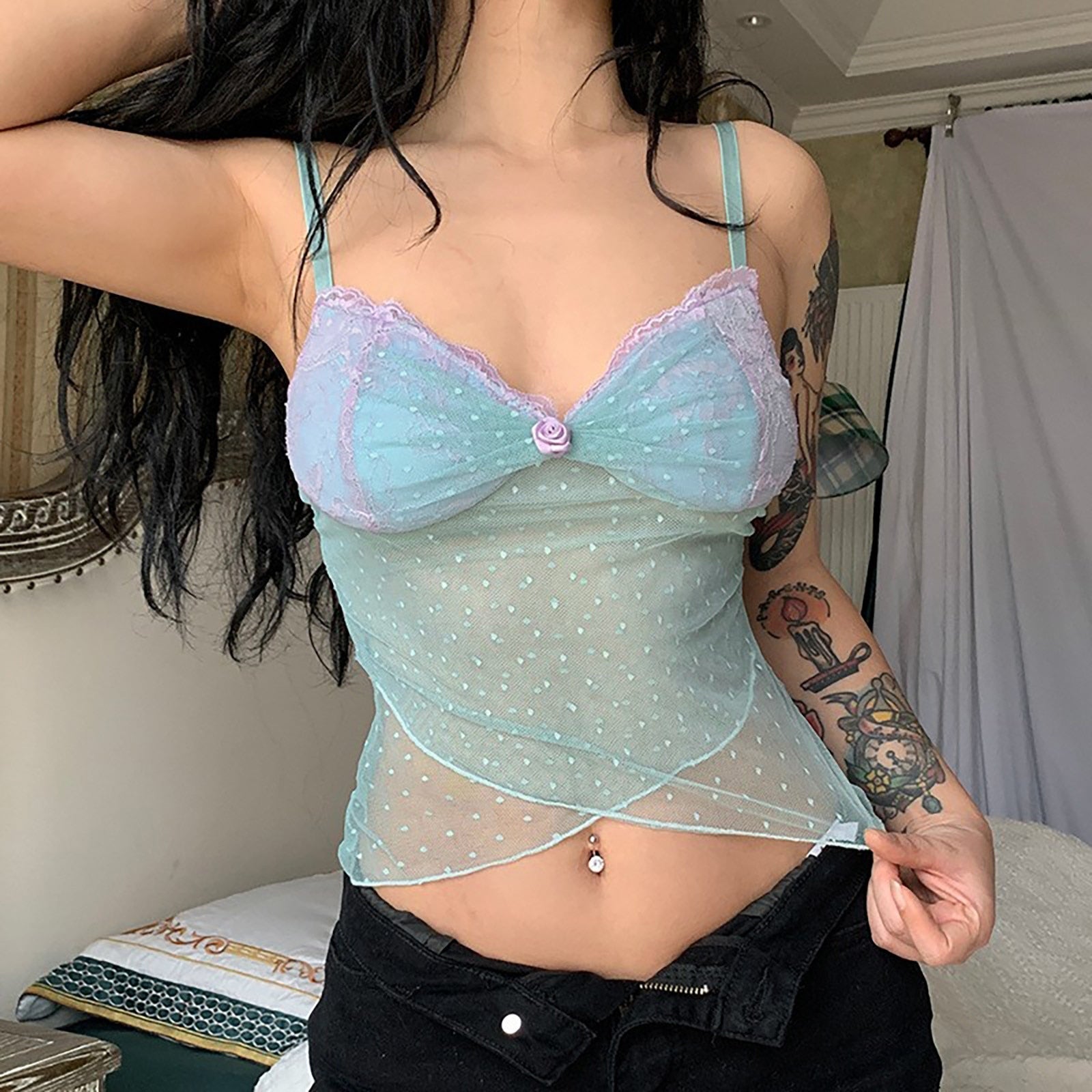 JuliaFashion - Y2K Mesh Polka Dot Floral Cami Tops