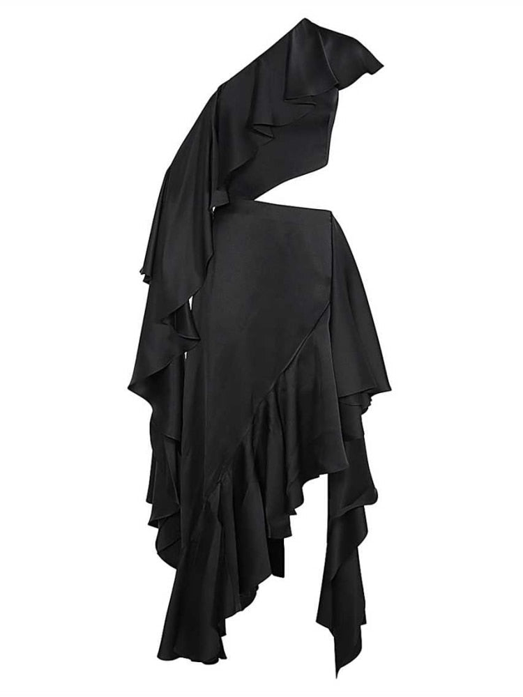 JuliaFashion - Sexy Black Slanted Shoulder Midi Cutout Dress