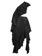 JuliaFashion - Sexy Black Slanted Shoulder Midi Cutout Dress