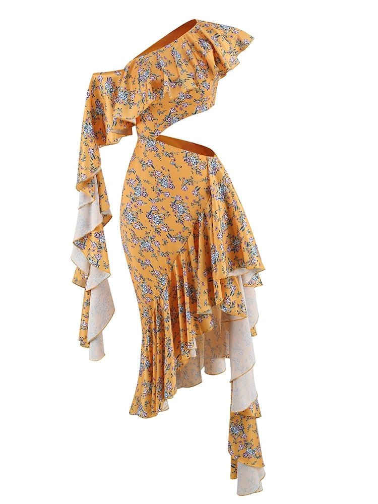 JuliaFashion - Sexy Black Slanted Shoulder Midi Cutout Dress