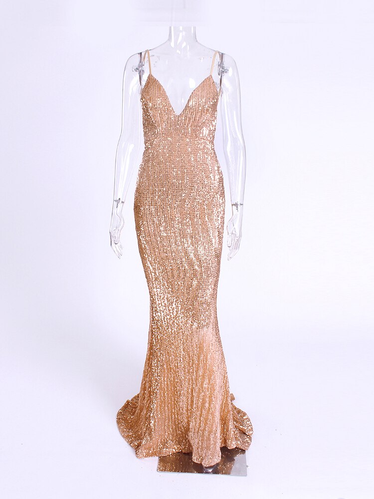 JuliaFashion - Sequined Evening Backless Deep V-Neck Wedding Dress