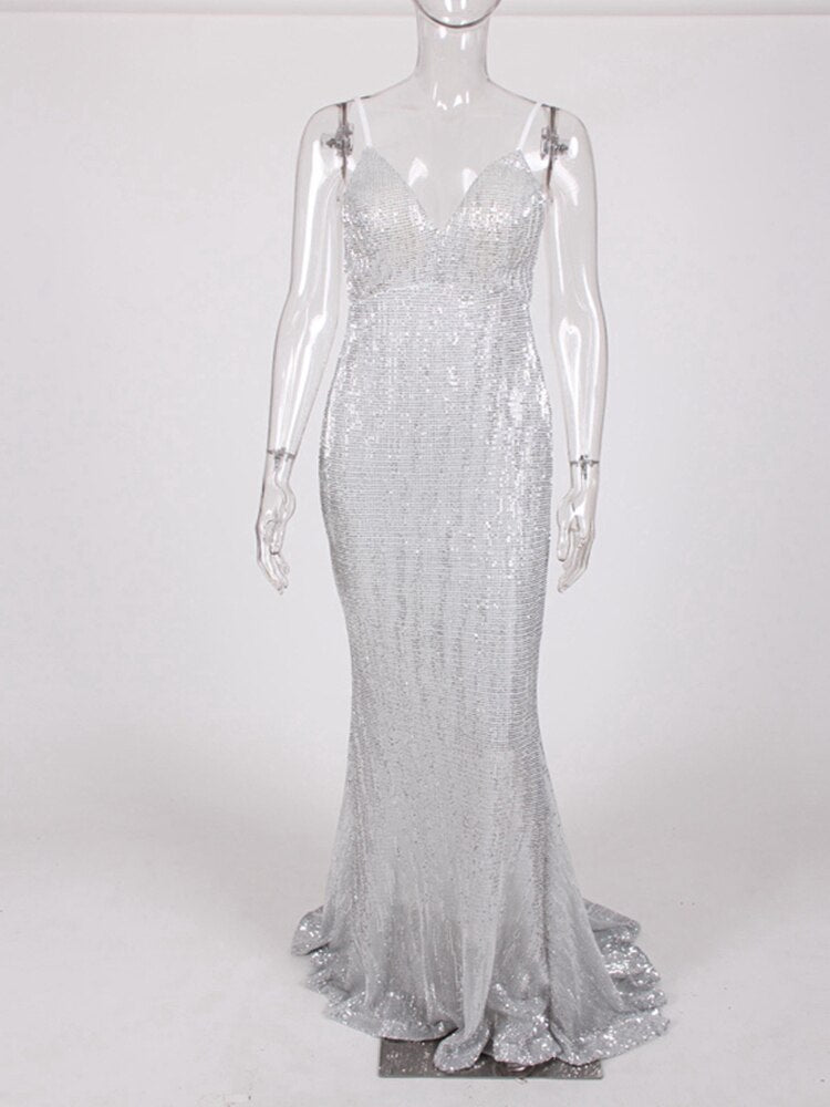 JuliaFashion - Sequined Evening Backless Deep V-Neck Wedding Dress