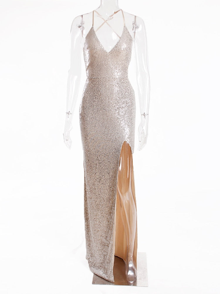 JuliaFashion - Sexy V-Neck Lace Up Sequined Cocktail Party Dress