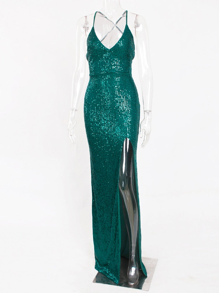 JuliaFashion - Sexy V-Neck Lace Up Sequined Cocktail Party Dress