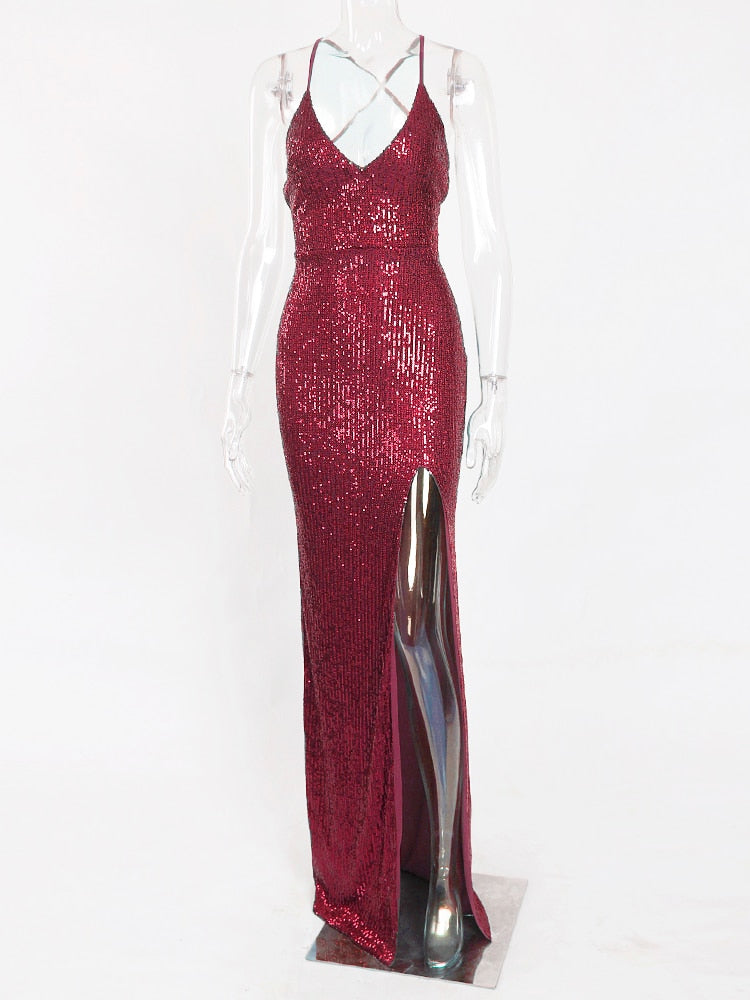 JuliaFashion - Sexy V-Neck Lace Up Sequined Cocktail Party Dress