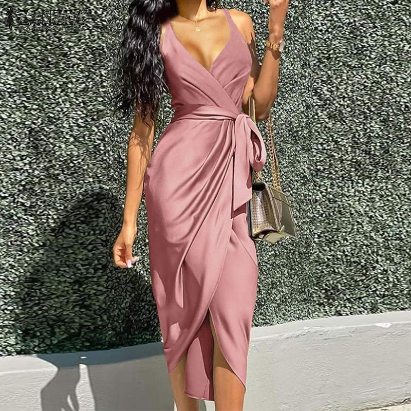 JuliaFashion - 2024 V-Neck Slip High Waist Satin Midi Dresses