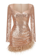 JuliaFashion - 2024 Sexy V-Neck Luxury Feather Sequin Mini Bodycon Dress