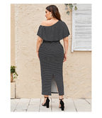 JuliaFashion - 2024 Shoulder Ruffle Stripe Rear Fork Waist Maxi Dresses