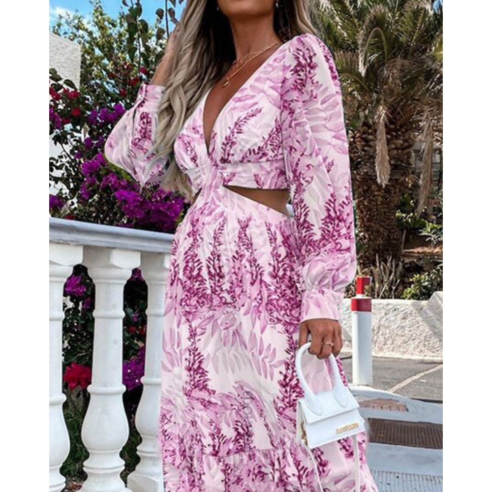 JuliaFashion - Spring Autumn Tie Dye Print Sexy Cutout Dress