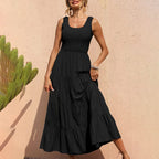 JuliaFashion - Sleeveless Draped Round Neck Holiday Dress