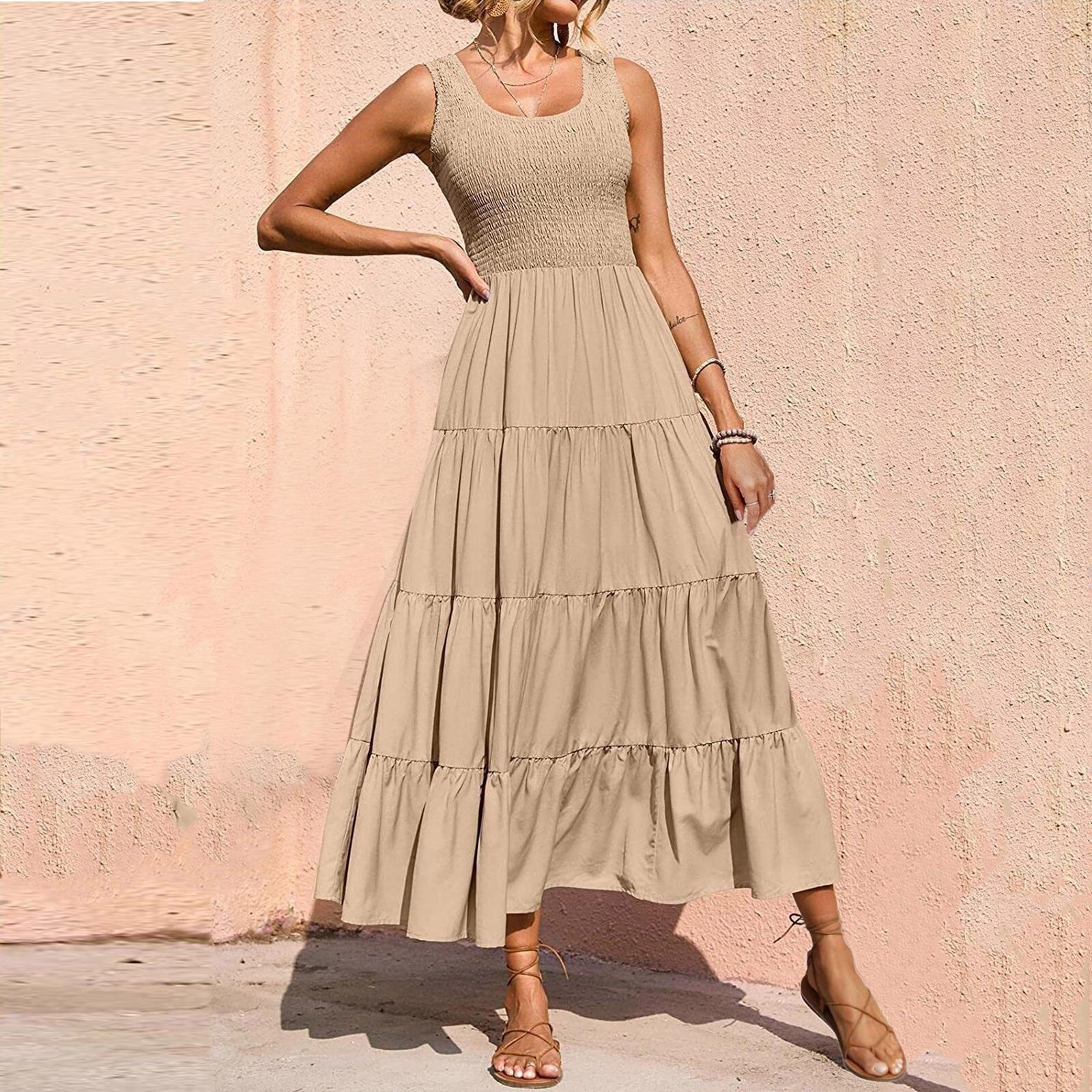 JuliaFashion - Sleeveless Draped Round Neck Holiday Dress