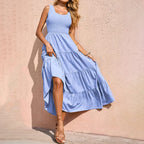 JuliaFashion - Sleeveless Draped Round Neck Holiday Dress