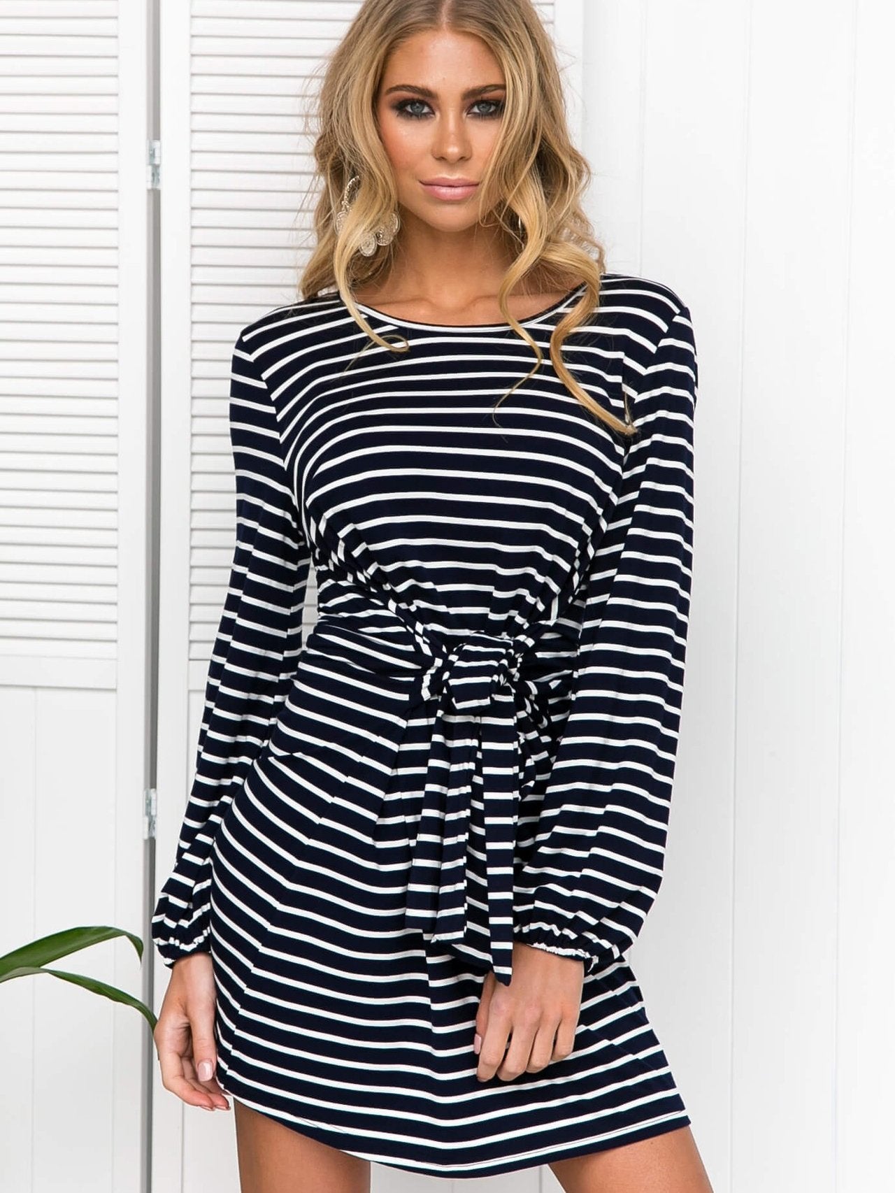 JuliaFashion - 2024 Stripe Boat Neck Slouchy Mini Dress