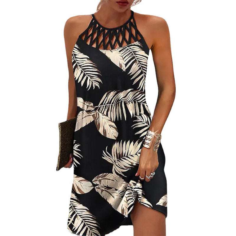 JuliaFashion - 2024 Women's Elegant Round Neck Vintage Cutout Neck Sleeveless Halter Print Dress