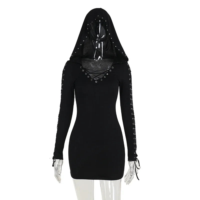 New Strap Street Gothic Punk High Pentagram Mini Waist Hooded Sleeve Retro Sexy Dark Long Vintage Dress