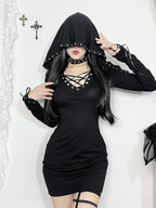 New Strap Street Gothic Punk High Pentagram Mini Waist Hooded Sleeve Retro Sexy Dark Long Vintage Dress
