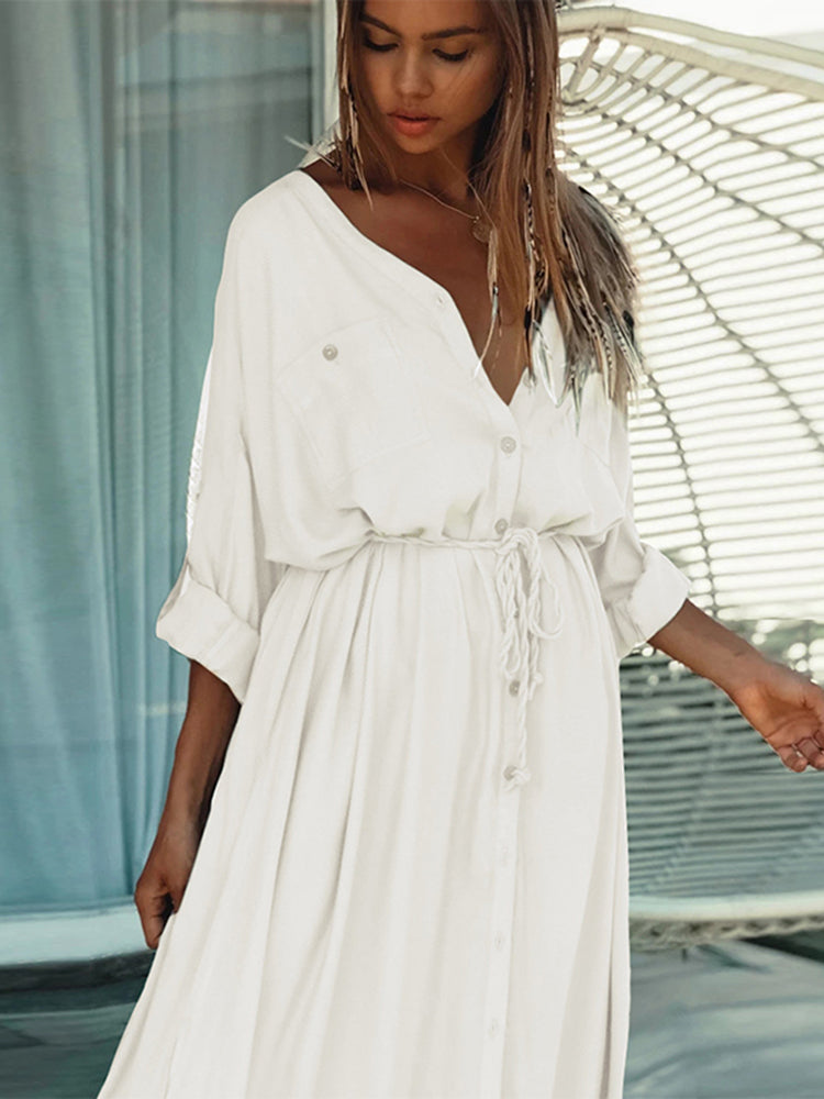 JuliaFashion - 2024 Women Casual V-Neck Long Button-Up Beach Tunic Maxi Sundress