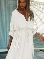 JuliaFashion - 2024 Women Casual V-Neck Long Button-Up Beach Tunic Maxi Sundress