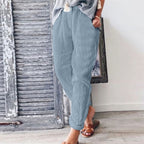 JuliaFashion-Elastic Waisted Cotton Linen Summer Pants