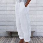 JuliaFashion-Elastic Waisted Cotton Linen Summer Pants