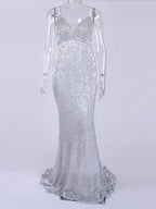 JuliaFashion - 2024 V-Neck Silver Sequined Bridesmaid Mermaid Dress