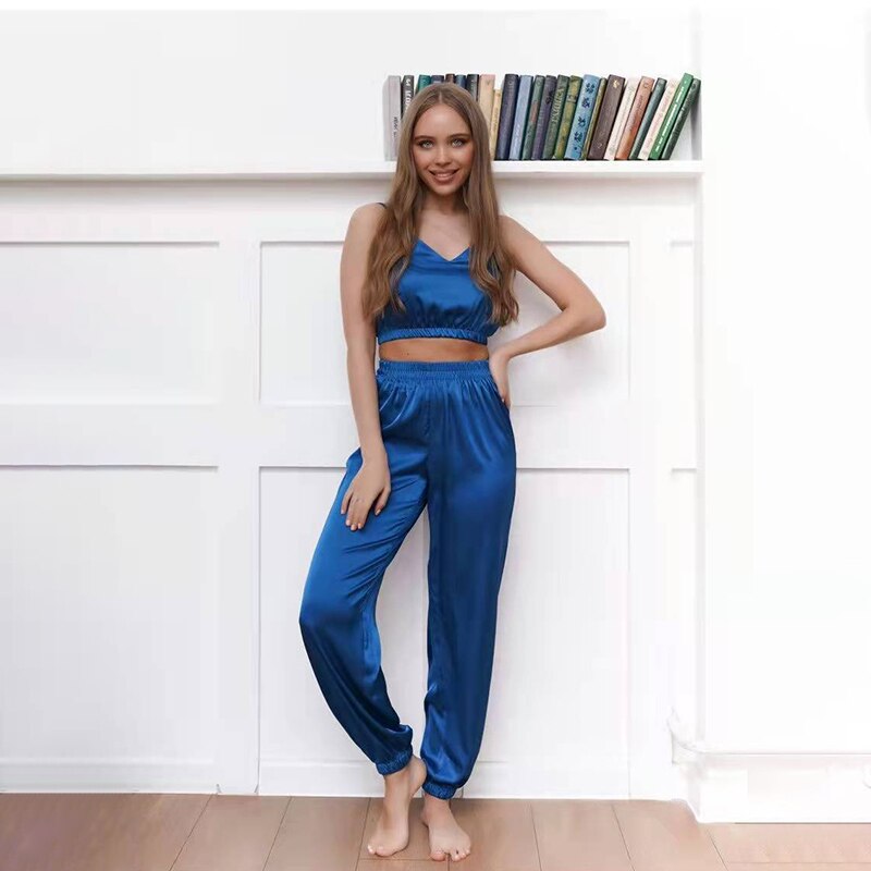 JuliaFashion - 2024 Satin Silk Sexy Sleepwear Pyjamas Short Bra+Long Pants Set